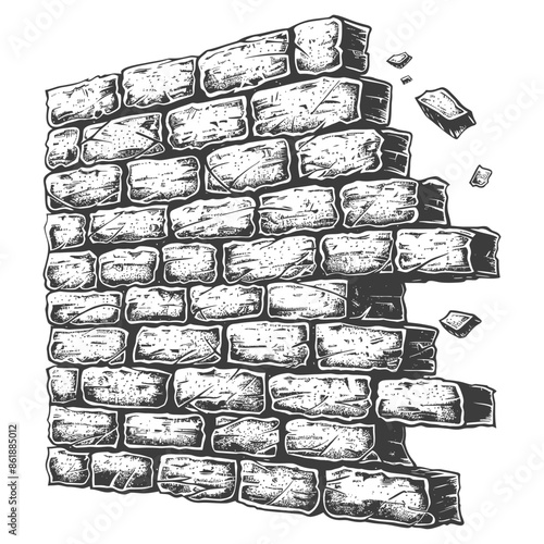Sketch of a crumbling brick wall.