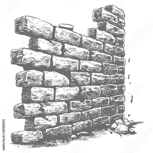 Crumbled Stone Wall: Hand-Drawn Sketch, Architectural Ruin Detail