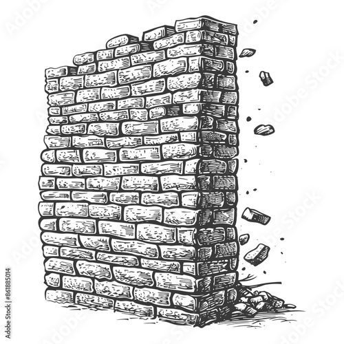 Crumbled Brick Wall: Sketch of Ruin & Decay, Falling Debris.