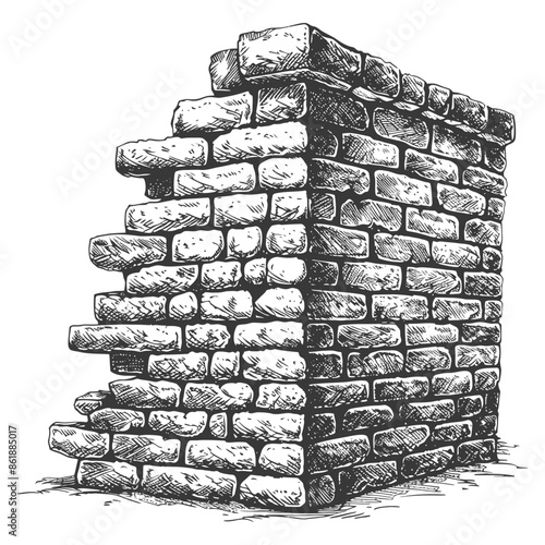 Hand-drawn brick wall fragment: crumbling corner, textured stones, architectural sketch.