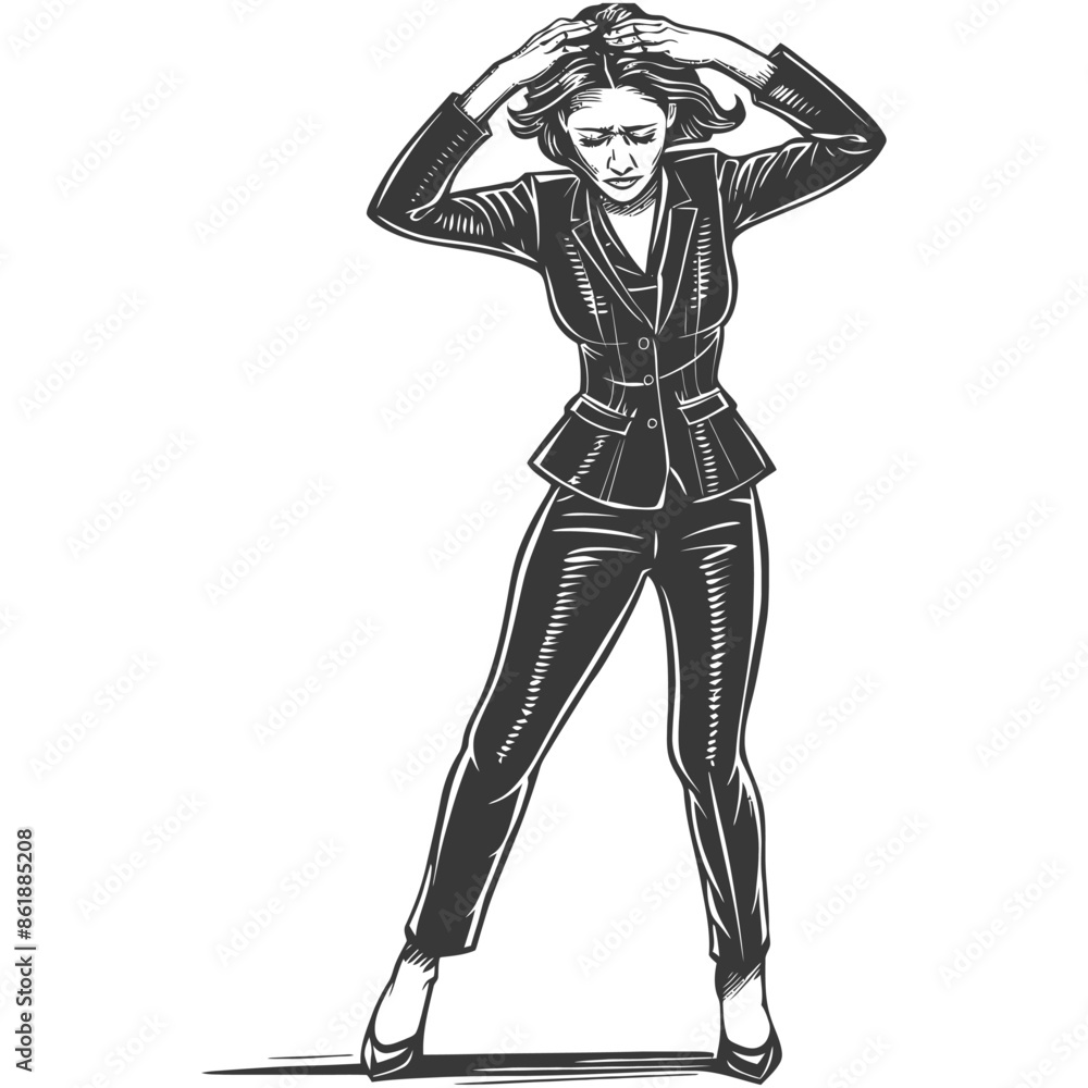 businesswoman holding headache in pain with engraving style black color only businesswoman holding headache in pain with engraving style black color only