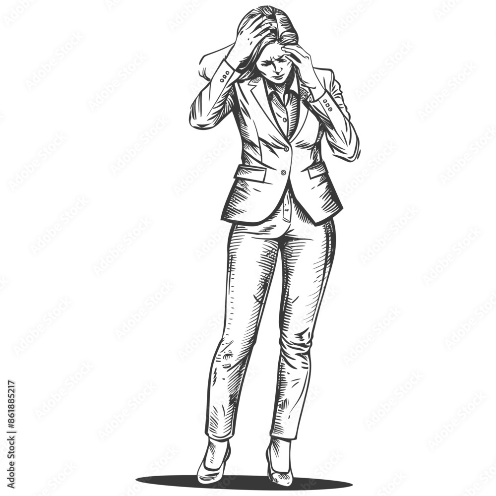 businesswoman holding headache in pain with engraving style black color only businesswoman holding headache in pain with engraving style black color only