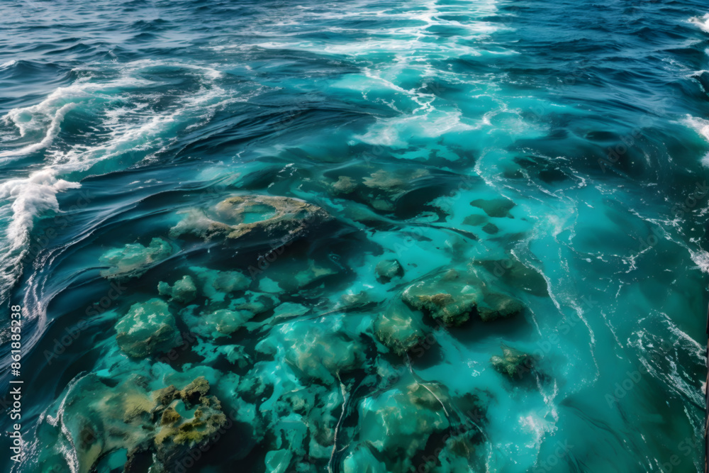 An underwater scene visible through the ocean’s surface An underwater scene visible through the ocean’s surface
