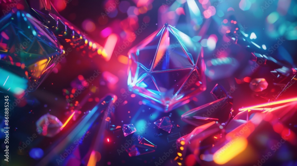 An abstract digital image featuring colorful geometric shapes in a dark background An abstract digital image featuring colorful geometric shapes in a dark background