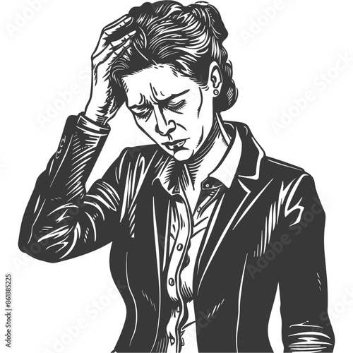 businesswoman holding headache in pain with engraving style black color only