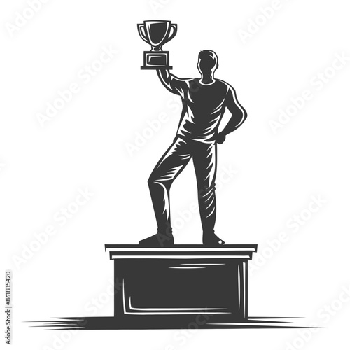 champion standing on a winner podium holding the trophy