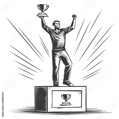 champion standing on a winner podium holding the trophy