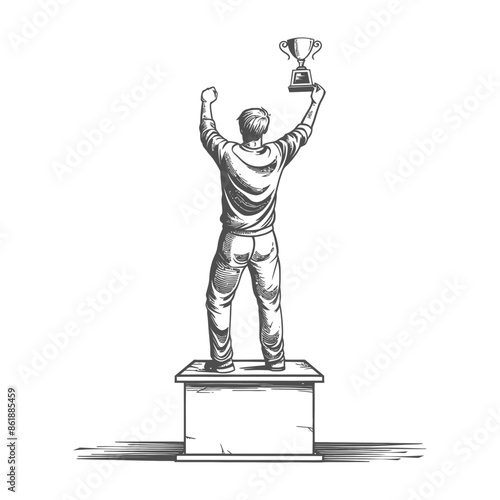 champion standing on a winner podium holding the trophy