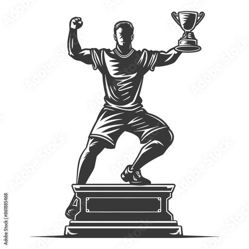champion standing on a winner podium holding the trophy