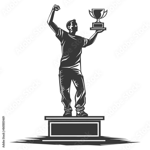 champion standing on a winner podium holding the trophy