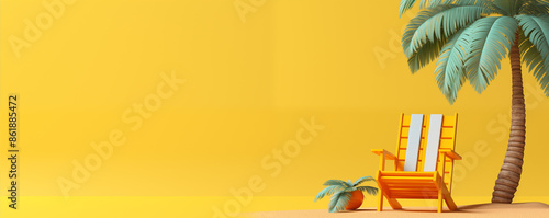 Fond jaune avec espace vide de composition pour conception et création graphique. Éléments décoratifs, ananas, lunettes de soleil, transat. Été, soleil, vacances, plage. 