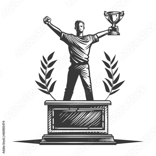 champion standing on a winner podium holding the trophy