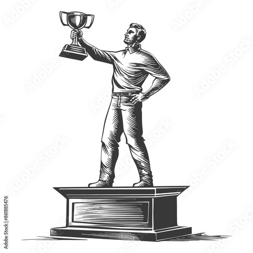 champion standing on a winner podium holding the trophy