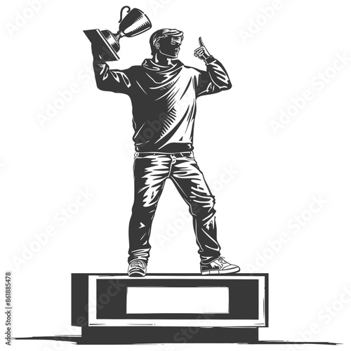 champion standing on a winner podium holding the trophy
