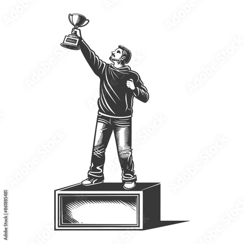 champion standing on a winner podium holding the trophy