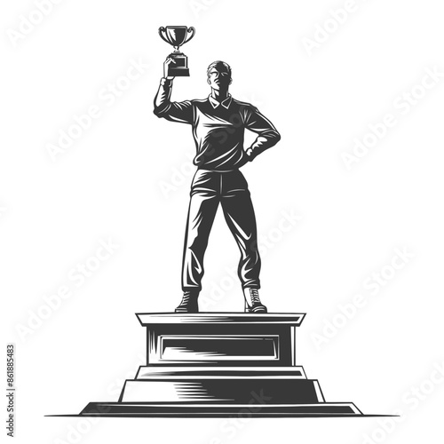 champion standing on a winner podium holding the trophy