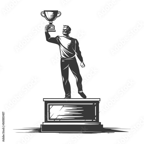 champion standing on a winner podium holding the trophy