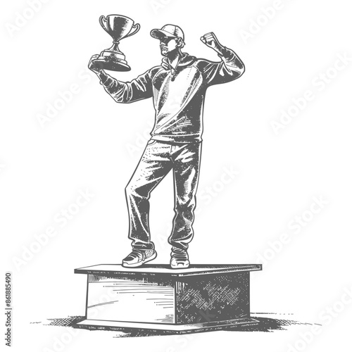 champion standing on a winner podium holding the trophy