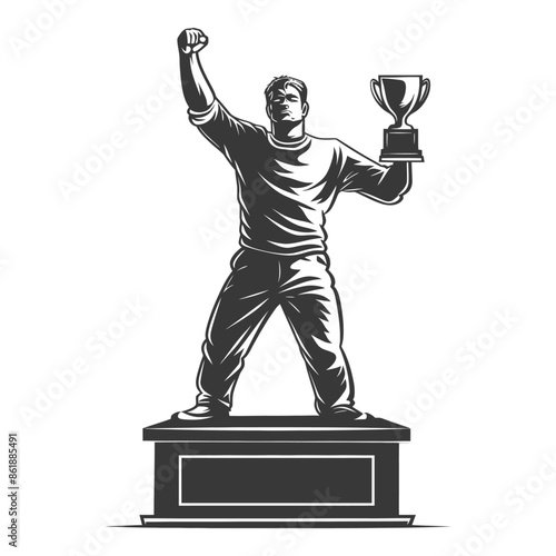 champion standing on a winner podium holding the trophy