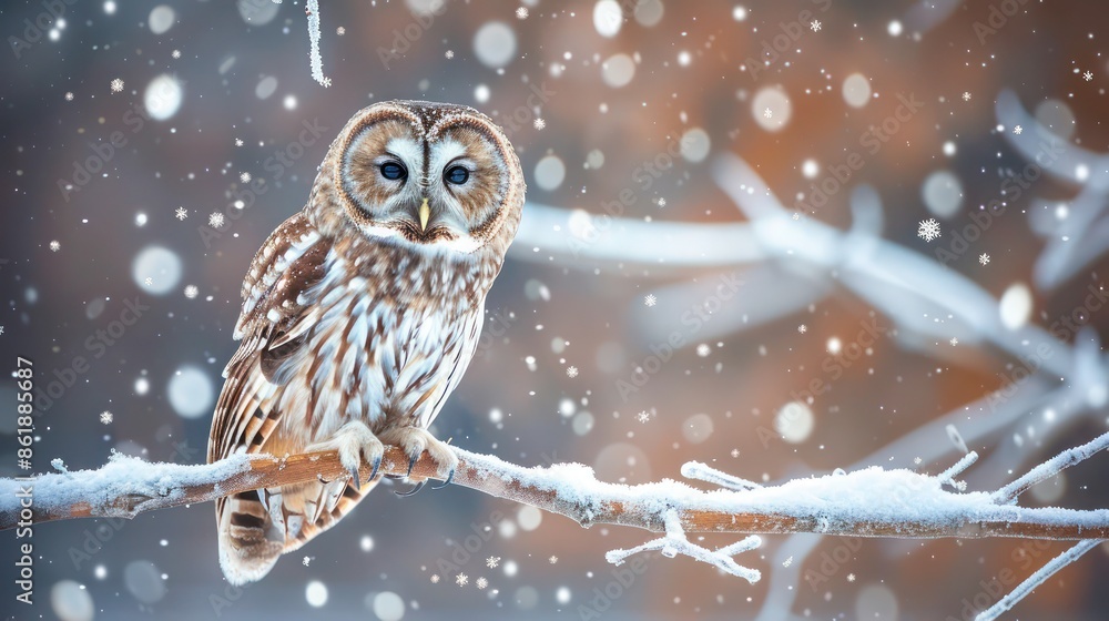 An owl perched silently on a snowy branch during a tranquil winter night, with soft snowflakes falling around An owl perched silently on a snowy branch during a tranquil winter night, with soft snowflakes falling around