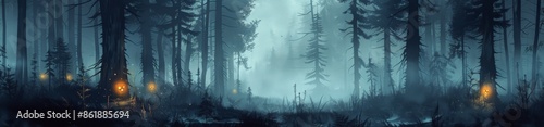 Dark Forest Path Illuminated By Glowing Lanterns On Foggy Night