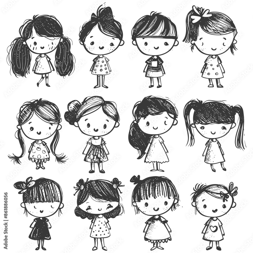 collection set hand drawn doodle cute girl with engraving style black color only collection set hand drawn doodle cute girl with engraving style black color only
