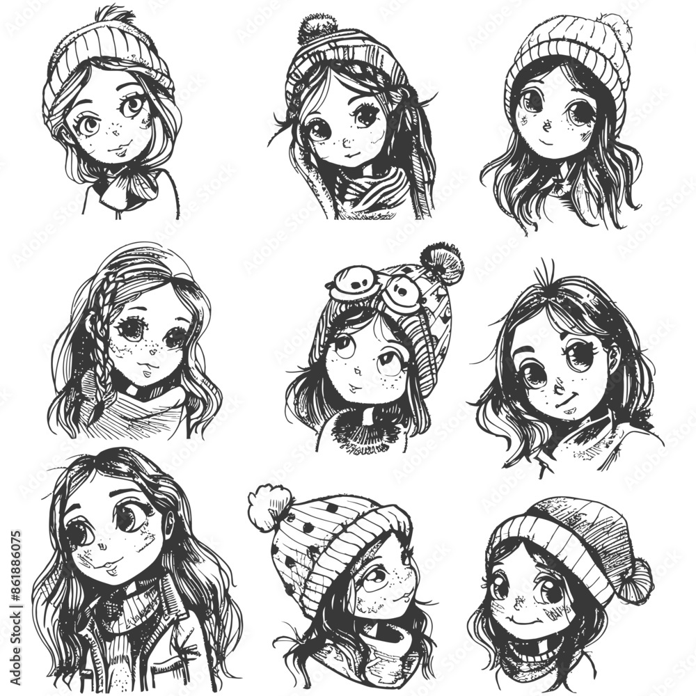 collection set hand drawn doodle cute girl with engraving style black color only collection set hand drawn doodle cute girl with engraving style black color only
