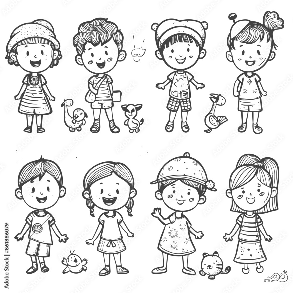 collection set hand drawn doodle cute kid with engraving style black color only collection set hand drawn doodle cute kid with engraving style black color only