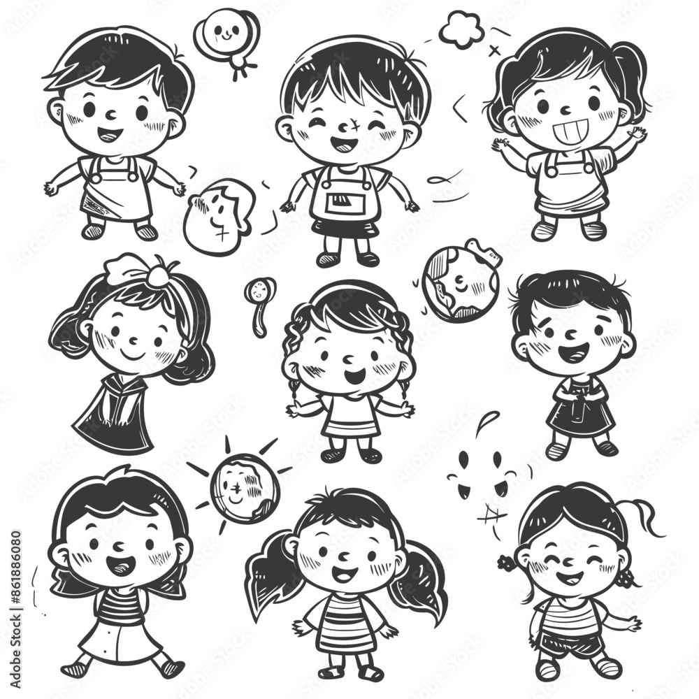 collection set hand drawn doodle cute kid with engraving style black color only collection set hand drawn doodle cute kid with engraving style black color only