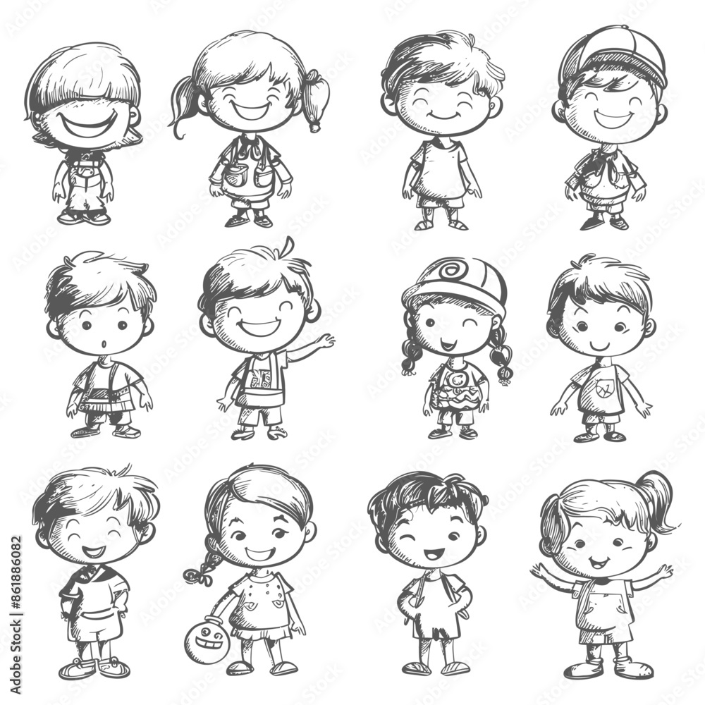 collection set hand drawn doodle cute kid with engraving style black color only collection set hand drawn doodle cute kid with engraving style black color only
