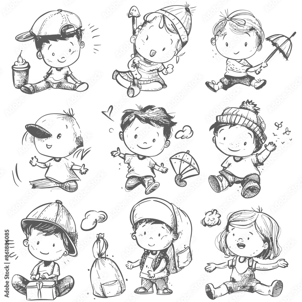 collection set hand drawn doodle cute kid with engraving style black color only collection set hand drawn doodle cute kid with engraving style black color only