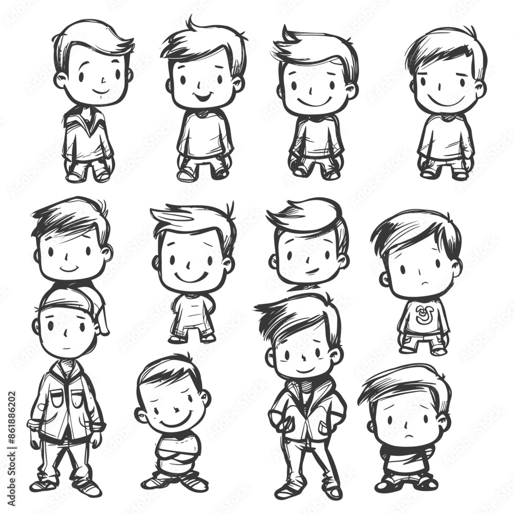 collection set hand drawn doodle cute man with engraving style black color only collection set hand drawn doodle cute man with engraving style black color only