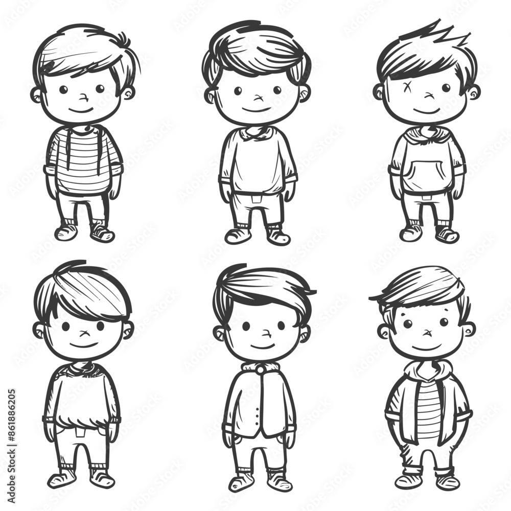 collection set hand drawn doodle cute man with engraving style black color only collection set hand drawn doodle cute man with engraving style black color only