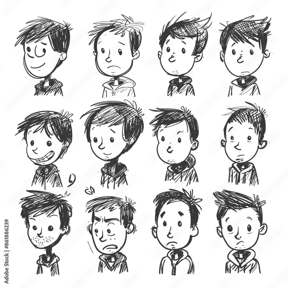 collection set hand drawn doodle cute man with engraving style black color only collection set hand drawn doodle cute man with engraving style black color only