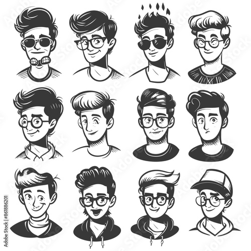 collection set hand drawn doodle cute man with engraving style black color only