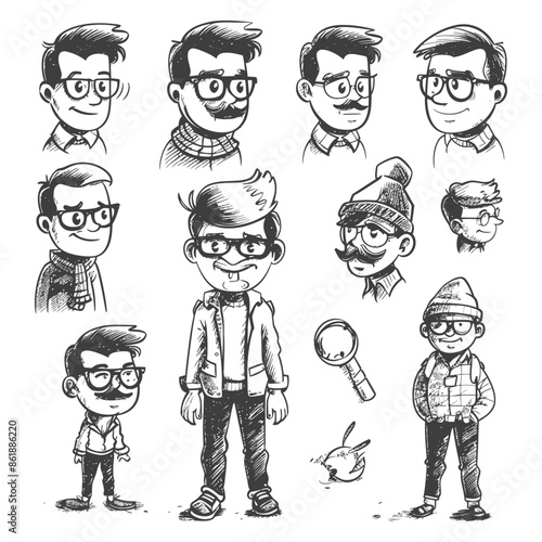 collection set hand drawn doodle cute man with engraving style black color only