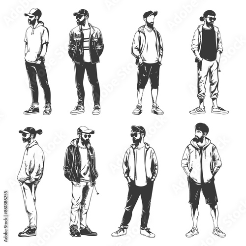 collection set hand drawn doodle cute man with engraving style black color only