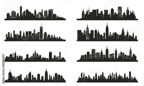 City skylines horizontal silhouettes set. Urban landscapes. High skyscrapers government buildings panoramic view of big town. Black monochrome simple vector flat style