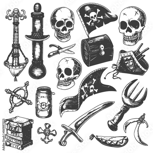 cute pirate element collection set with engraving style black color only