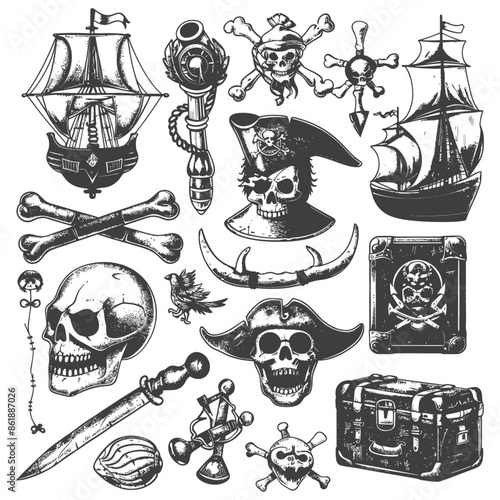 cute pirate element collection set with engraving style black color only