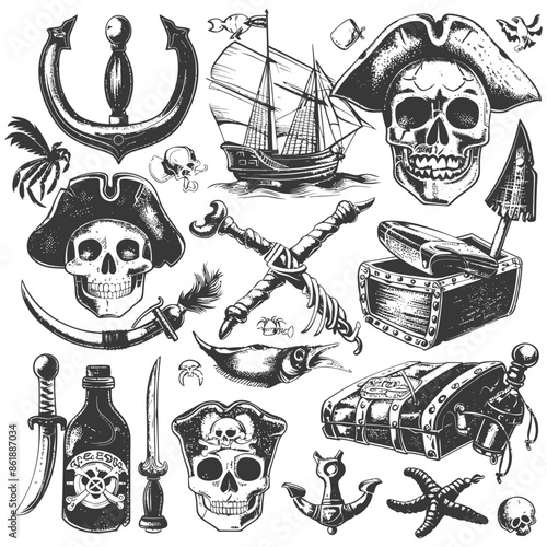 cute pirate element collection set with engraving style black color only