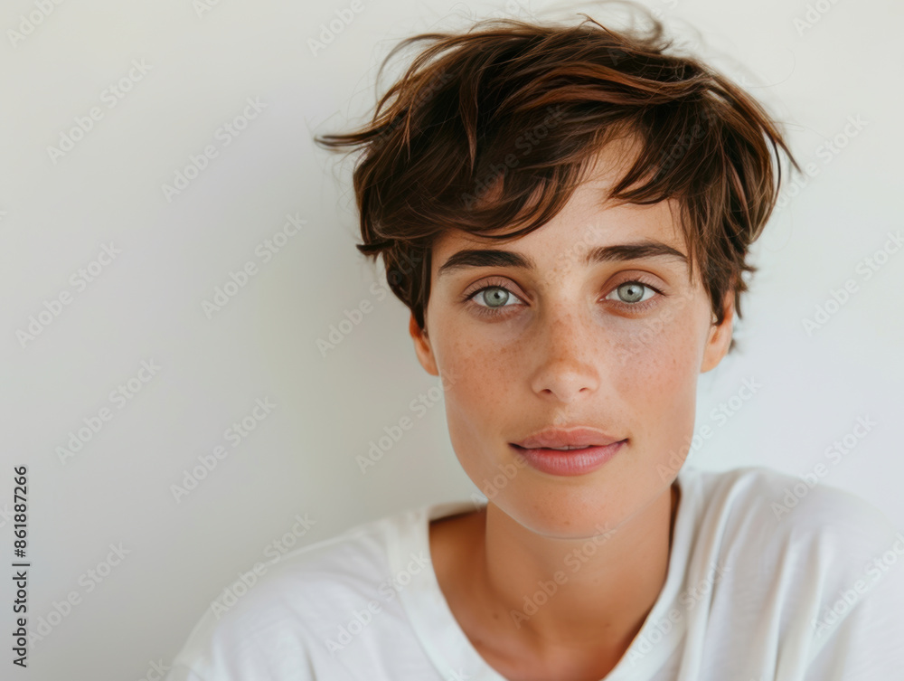 Portrait of a young androgynous person with blue eyes and short curly hair wearing a white t shirt Portrait of a young androgynous person with blue eyes and short curly hair wearing a white t shirt