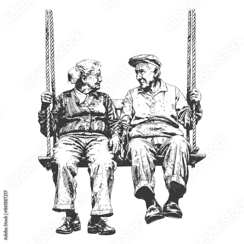elderly couple sitting on a swing with engraving style black color only