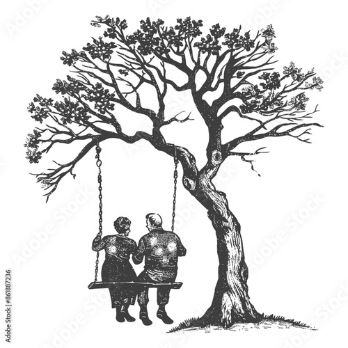 elderly couple sitting on a swing on the tree with engraving style black color only