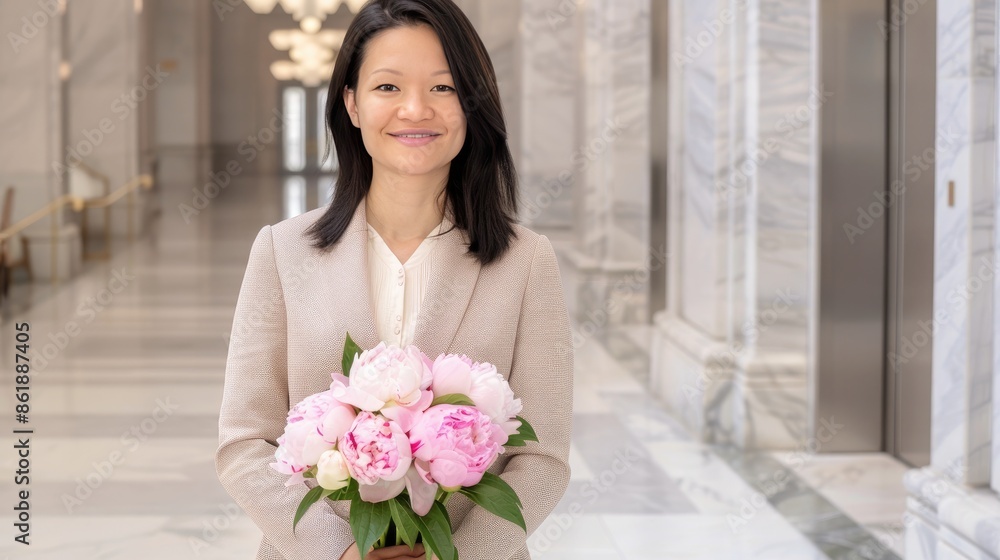 A woman in a tan blazer smiles while holding a bouquet of pink peonies. She is standing in a modern lobby with marble floors and an elevator in the background A woman in a tan blazer smiles while holding a bouquet of pink peonies. She is standing in a modern lobby with marble floors and an elevator in the background