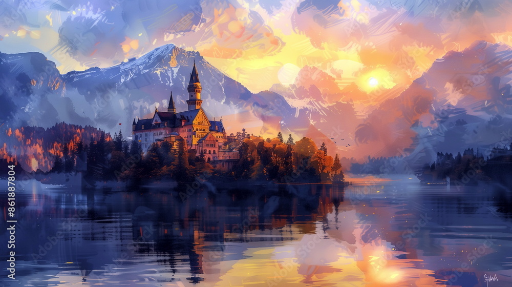 Naklejka premium Pastel dawn over a historic castle