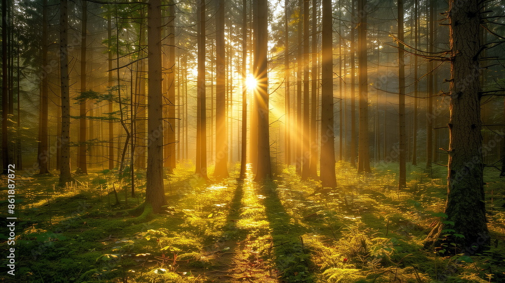 Fototapeta premium Sunlight filtering through tall trees into a forest clearing