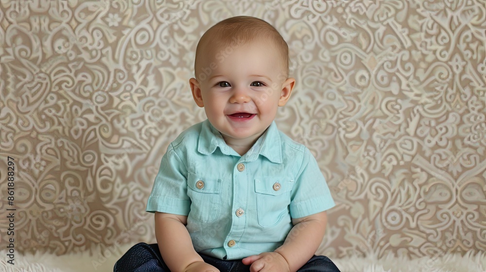 A young baby boy with short brown hair is wearing a light blue shirt and sitting on a fuzzy white surface against a patterned background. He is smiling brightly at the camera A young baby boy with short brown hair is wearing a light blue shirt and sitting on a fuzzy white surface against a patterned background. He is smiling brightly at the camera