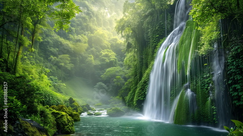 A cascading waterfall in a lush forest