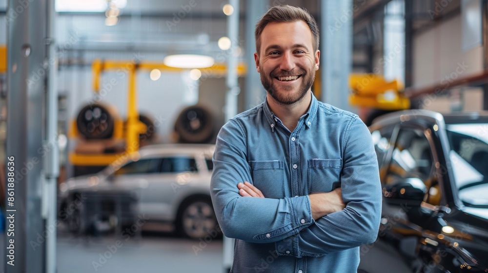 Fototapeta premium Smiling Male Automotive Engineer in a Car Workshop, Confident and Professional, Generative AI